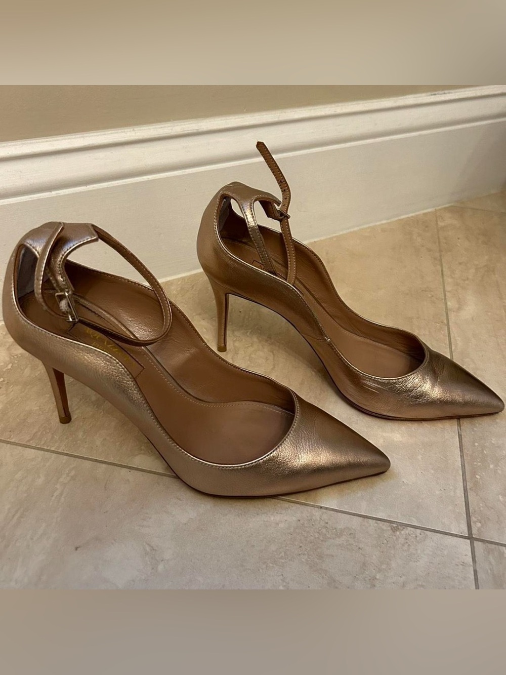 Aquazzura Metallic Bronze Pointed-Toe Ankle-Strap Pumps